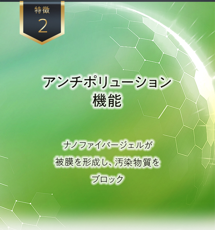 アンチポリューション機能 ナノファイバージェルが被膜を形成し、汚染物質をブロック