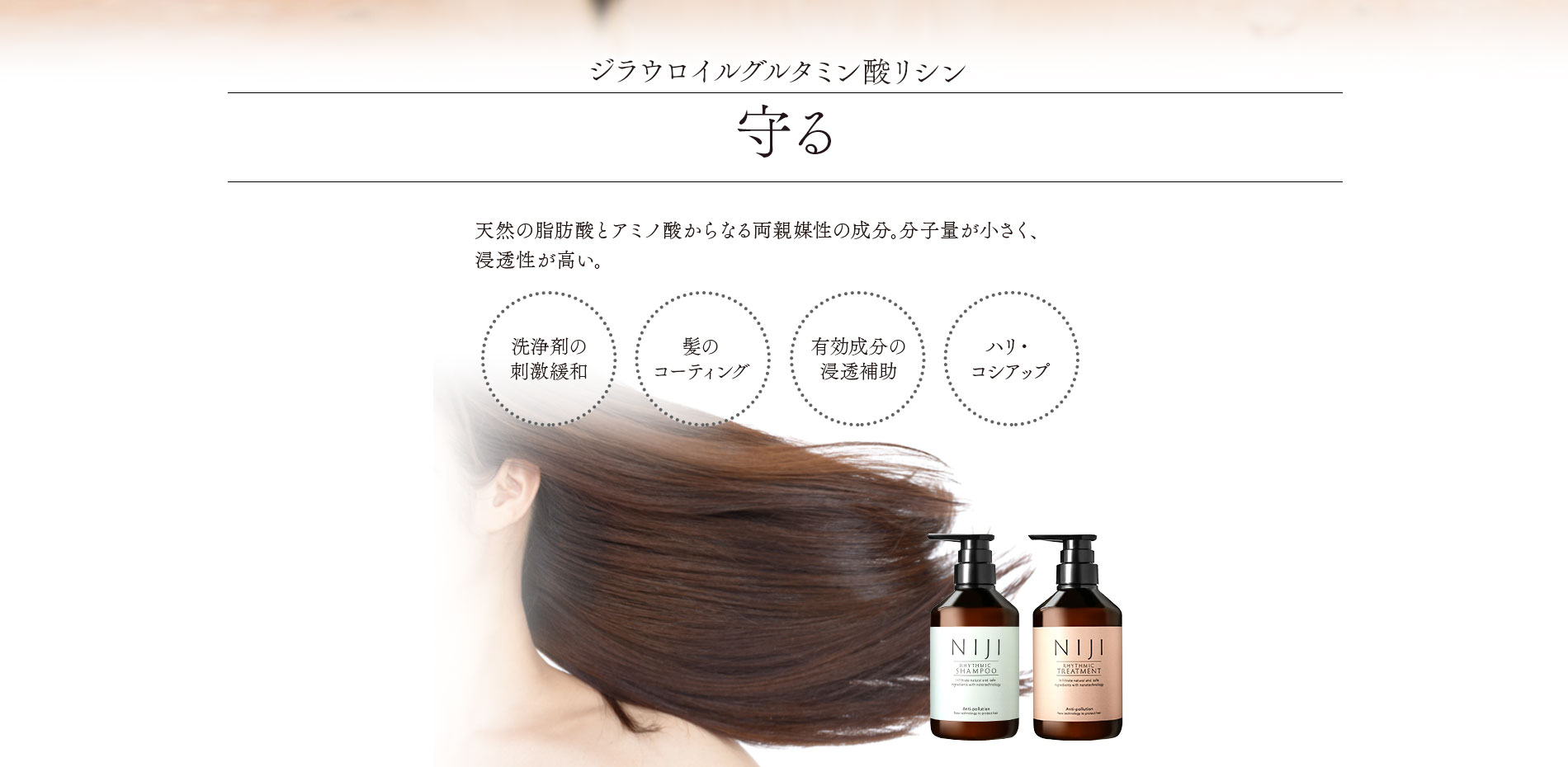 守る　天然の脂肪酸とアミノ酸からなる両親媒性の成分。分子量が小さく、浸透性が高い。