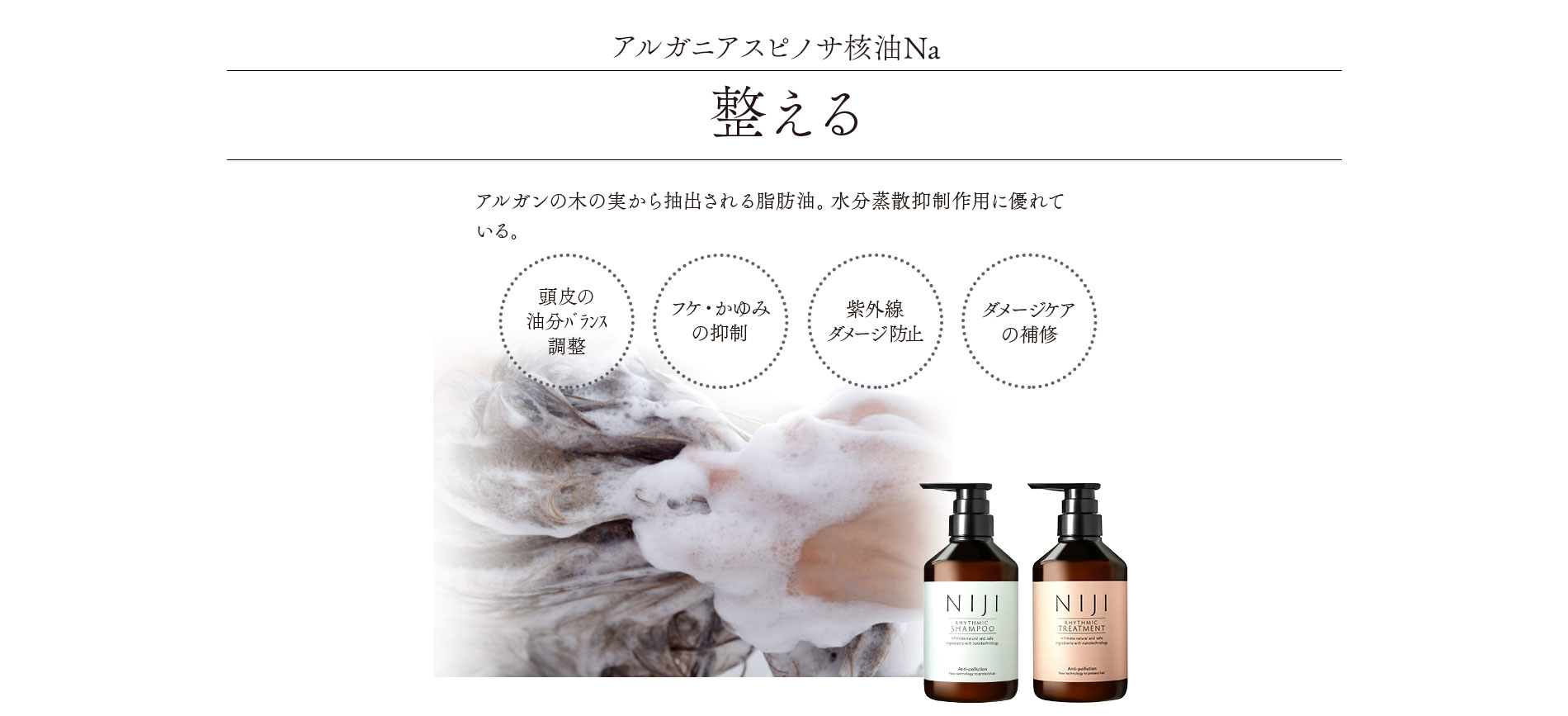 整える　アルガンの木の実から抽出される脂肪油。水分蒸散抑制作用に優れている。